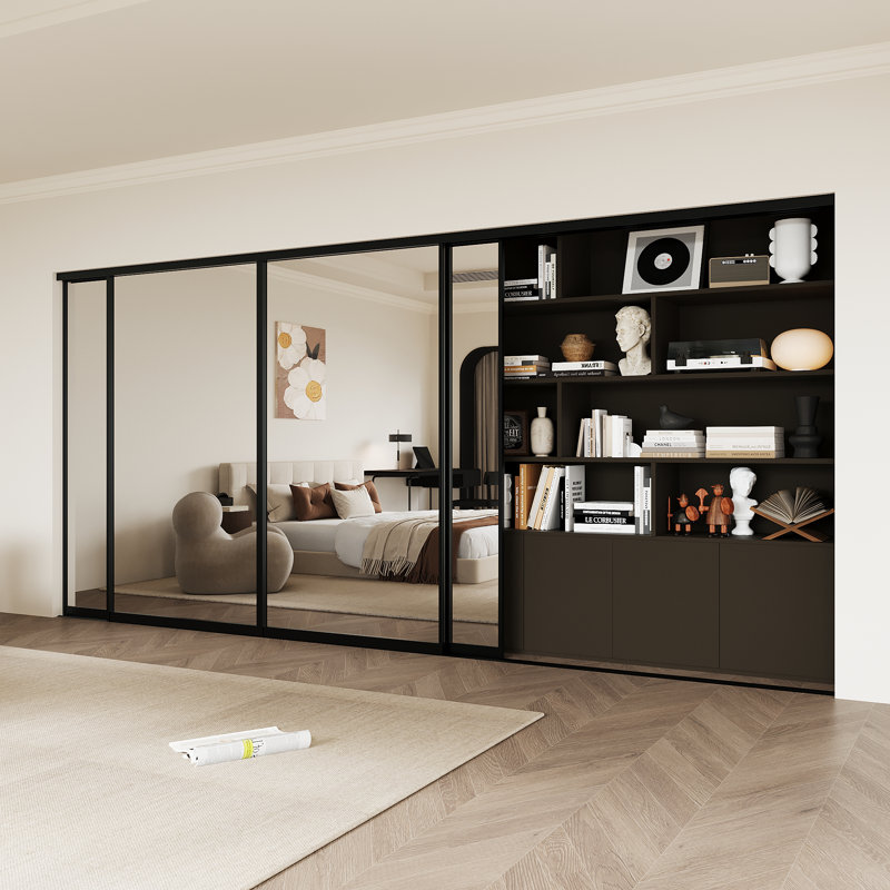 Porte de garde-robe coulissante avec cadre en aluminium noir 144x80, L 144 po x H 80 po