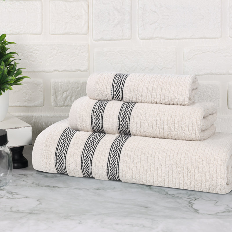 Hershal Zero Twist Cotton Ribbed Modern Geometric Border Soft 3 Piece Bathroom Towel Set, Stone
