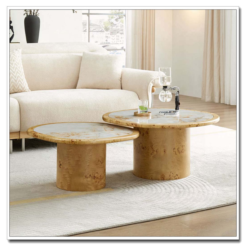Ensemble de tables basses irrégulières avec plateau en pierre frittée et placage de bois de ronce, Naturel