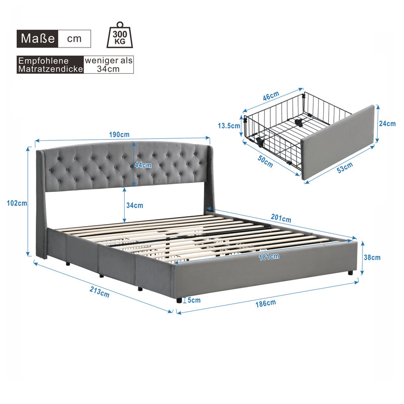 Maggie Upholstered Storage Bed, UK Super King - DE 180 x 200 cm