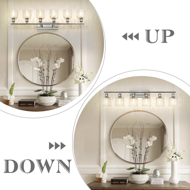 Éclairage pour salle de bain 6 lumières avec verre martelé transparent, Nickel brossé