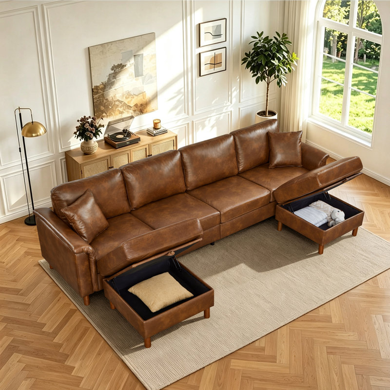 Canapé d'angle en forme de U de 305 cm (120 pouces) en similicuir avec 2 poufs de rangement amovibles, assises à ressorts ensachés et structure en bois massif