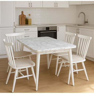 Ensemble de table de salle à manger extensible Elegant (5 pièces), 100% bois de hêtre et panneau de fibres à densité moyenne résistant aux rayures, blanc | Table: 51,2 po x 29,5 po x 31,5 po (ouverture: 63,0 po) | 4 chaises: 17,3 po x 36,2 po x 17,3 po, parfaites pour les espaces de salle à manger modernes