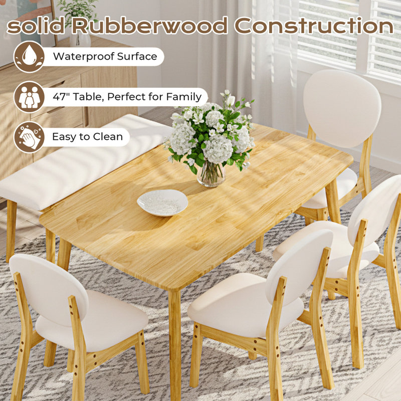 Ensemble de table à manger de 47 po pour 6 personnes, table de cuisine en bois massif avec banc et 4 chaises avec dossier rembourré