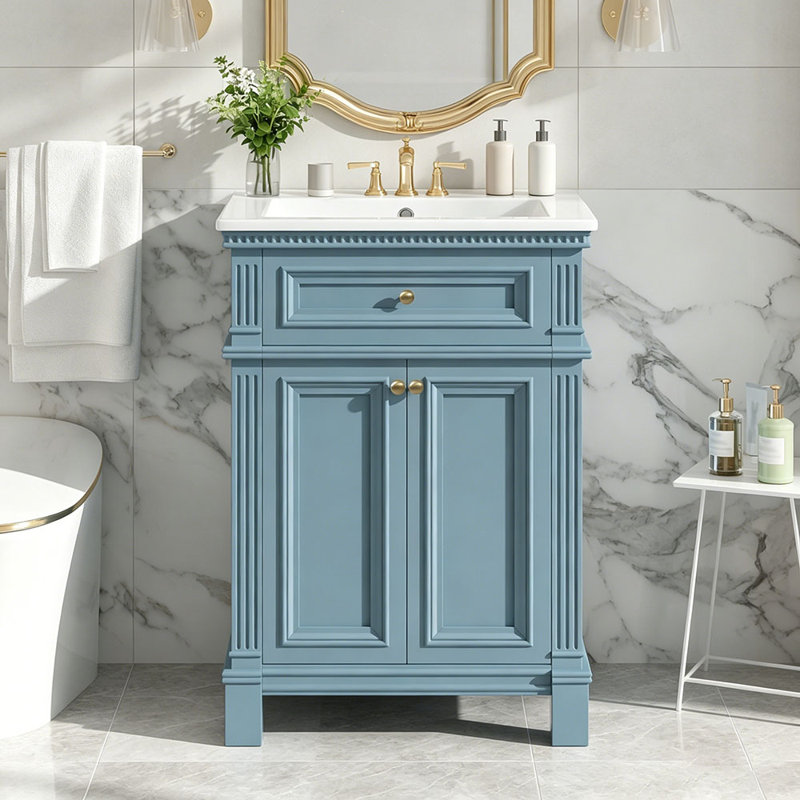 Armoire de salle de bain 24 po avec portes à fermeture douce et tablette réglable, meuble-lavabo avec lavabo en céramique