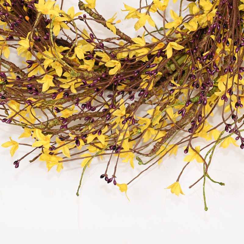 24" Artificial Farmhouse Spring Summer Twig Wildflower Berry Front Door Wreath, Yellow/Purple