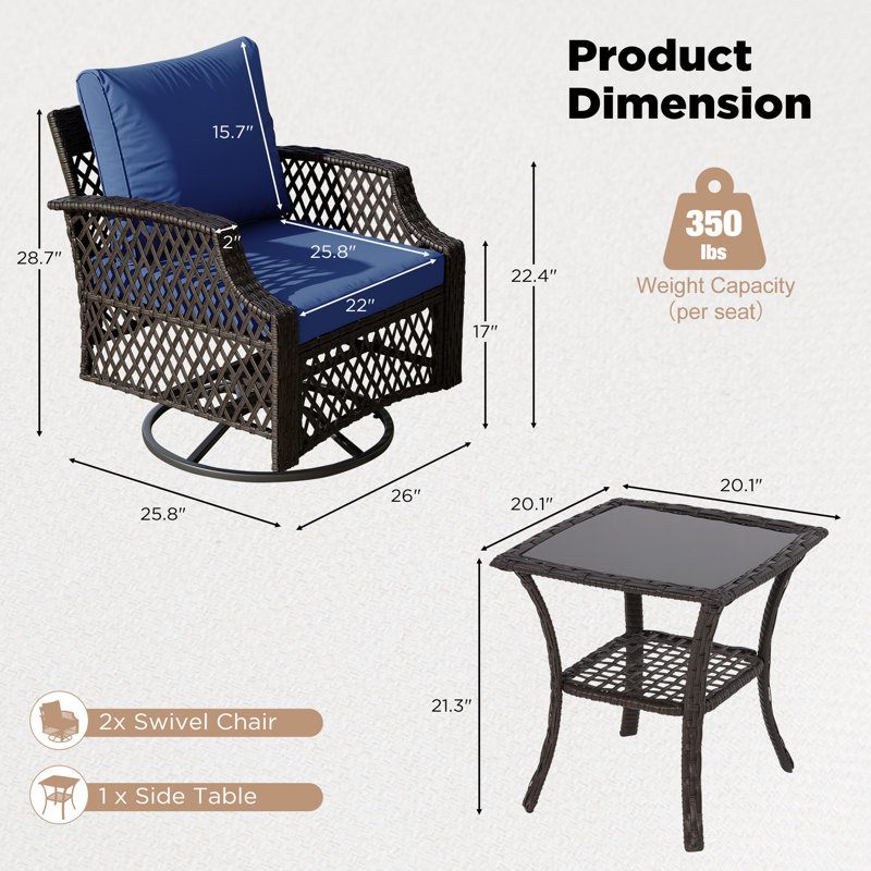 3 Piece Outdoor Swivel Chair Set, Wicker Patio Bistro Set With Thickened 25D Cushions And Glass Coffee Table, Navy Blue