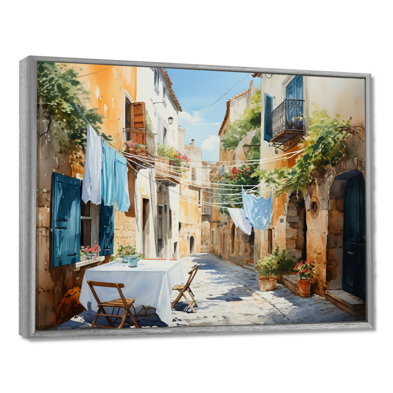 Jour de lessive en Italie I - Art mural, H 12 po x l 20 po x P 1 po, Encadrement argenté