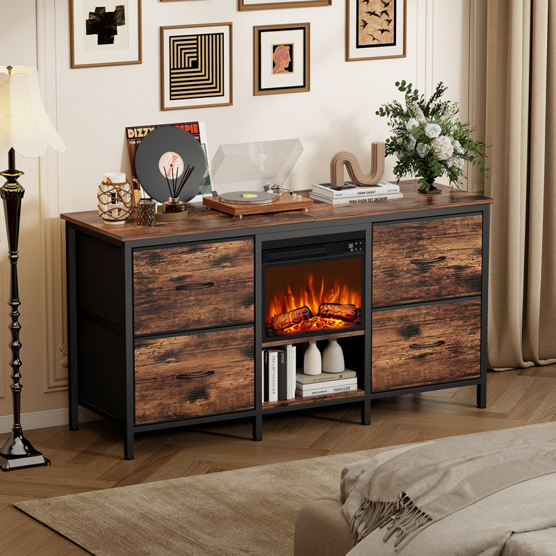 Fireplace TV Stand with 4 Fabric Drawers, Entertainment Center with Fireplace, TV Stand Dresser, TV Console Table for 75 inch TV, for Living Room, Bedroom