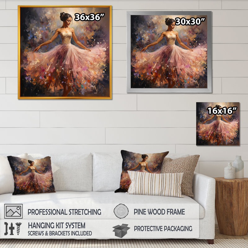 Danse rose de la ballerine - Ballet, art mural, H 30 po x l 30 po x P 1,5 po, Cadre flottant doré