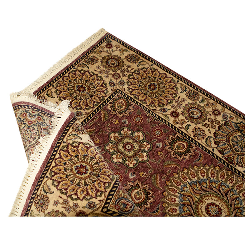 Tapis rouge / brun / ivoire de haute qualité noué à la main