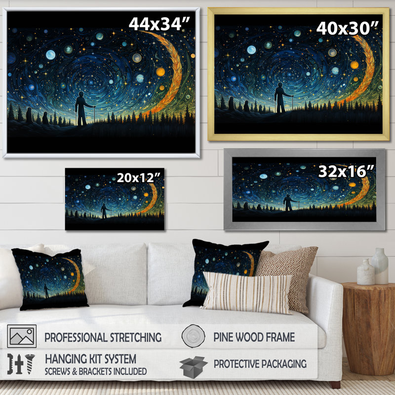 «Yellow and Blue Night Skies Planets», art mural de la planète espace, H 30 po x l 40 po x P 1,5 po, Toile tendue