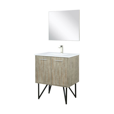 Ensemble de meuble-lavabo rustique en acacia l 30 po x P 20 po, plateau en quartz blanc, robinet chromé et miroir de 28 po