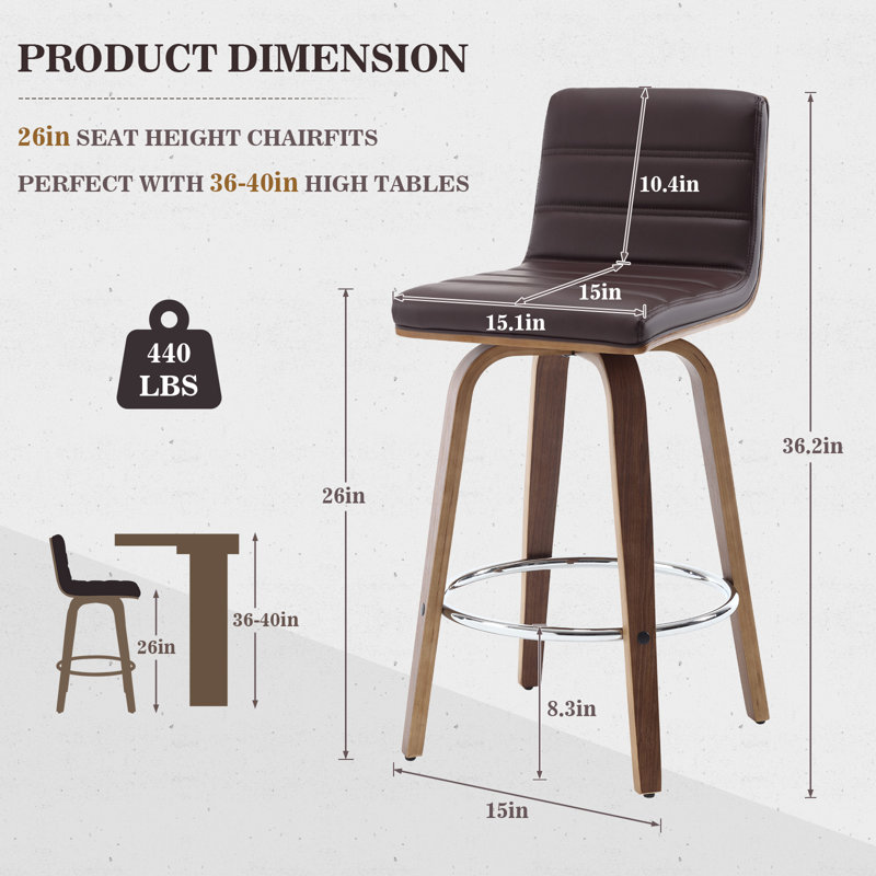 Tabouret de bar et de comptoir pivotant rembourré, Tabouret de comptoir (siège d'une hauteur de 26 p, Brun