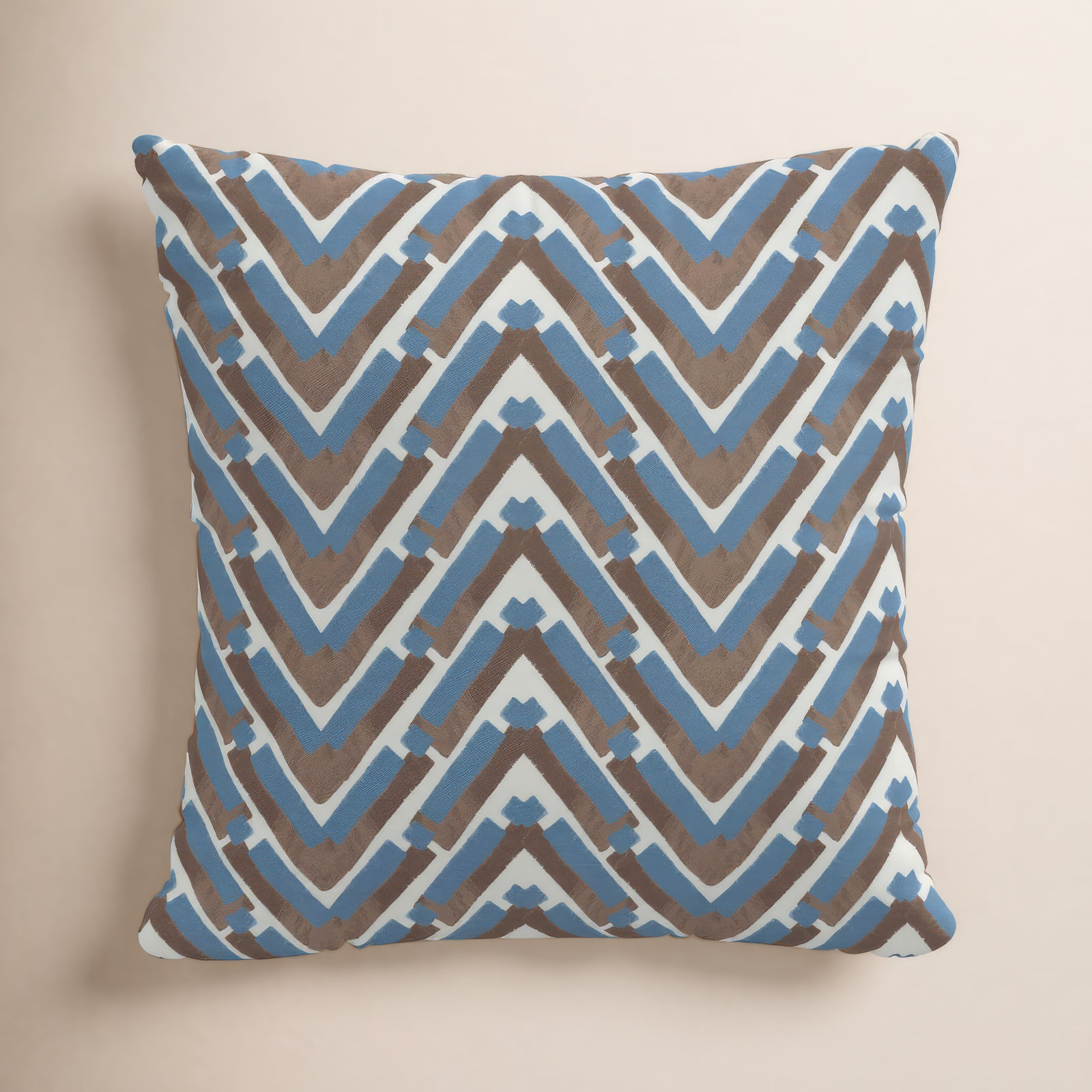Chevron Cotton Throw Pillow, Blue/Brown/White, 18" x 18", Feathers