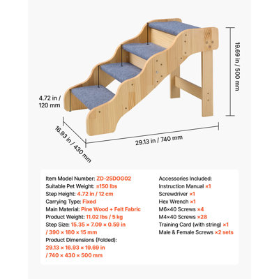 Wood Pet Stairs, 4-Step Dog Stairs for High Beds, 150lbs Load Capacity, Sofa & Cars, Non-Slip Surface, Stable Cat & Dog Step Ladder for Small Medium Large Older Pet Puppy Essentials