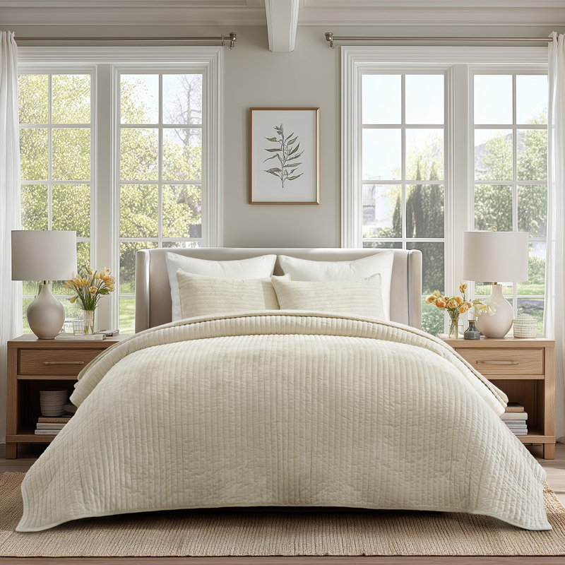 Luxe Velvet Channel Quilt Set, Queen, Beige