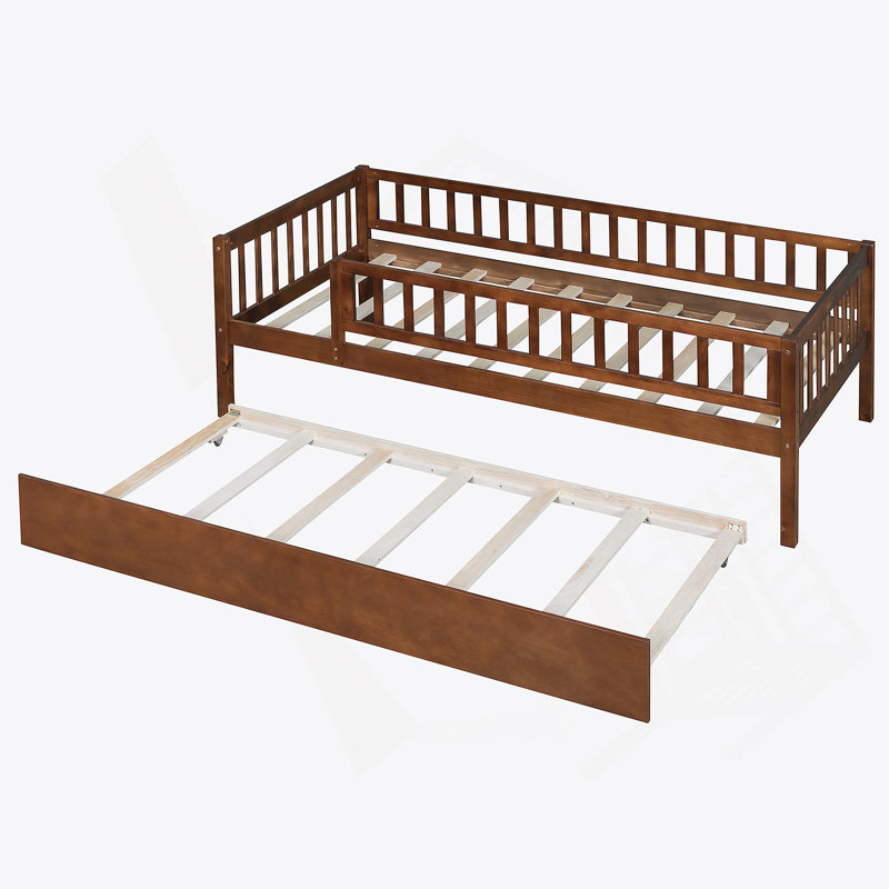 Wood Daybed With Trundle And Fence Guardrails, Walnut, Twin