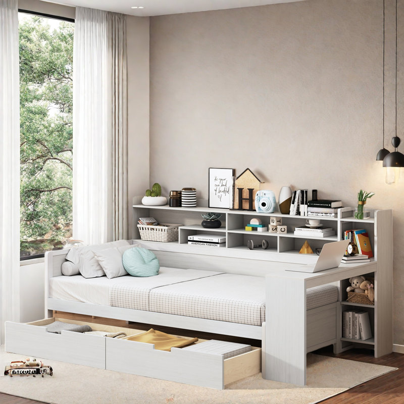 Multifunctional Wooden Daybed With Storage Shelves, Study Desk And 2 Drawers