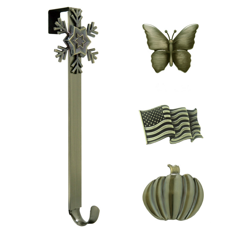 Adjustable Length Wreath Hanger with 4 Interchangeable Icons, Antique Brass