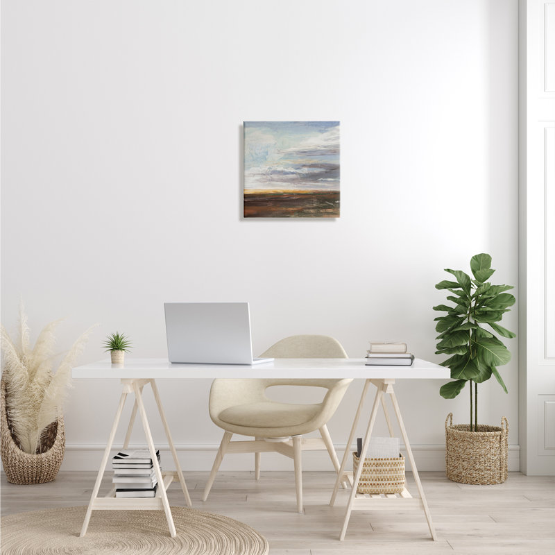Paysage de prairie ouverte, ciel nuageux doux - Peinture, H 17 po x l 17 po x P 1,5 po, Toile tendue