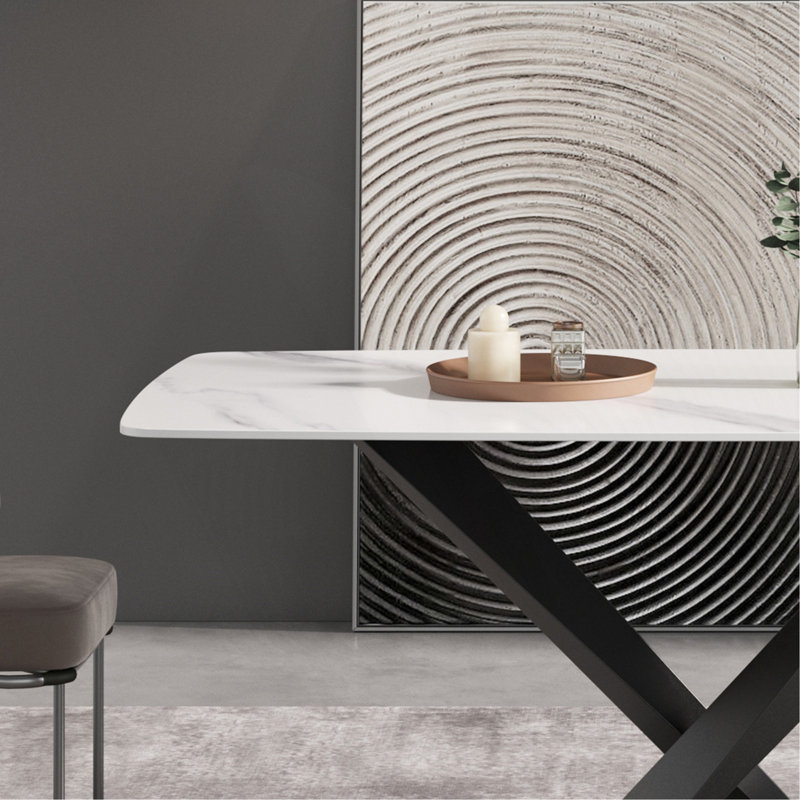 Table de salle à manger 70,87 "en pierre artificielle moderne avec pieds courbés en métal noir et blanc pouvant accueillir 6 à 8 personnes