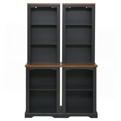 Two-Piece Elegant Freestanding Tall Cabinet With Fully Open Storage, Walnut Element Bookshelves With Curved Design, Stylish Display Bookcase With Anti-Tip Device For Living Room
