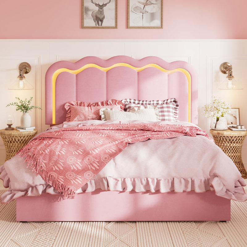 Base de lit tapissier avec rangement et tête de lit réglable en velours à DEL, Grand, Rose