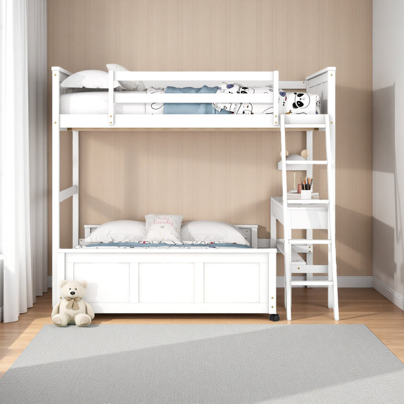 Lit superposé avec bureau, Lit superposé double sur double, Blanc