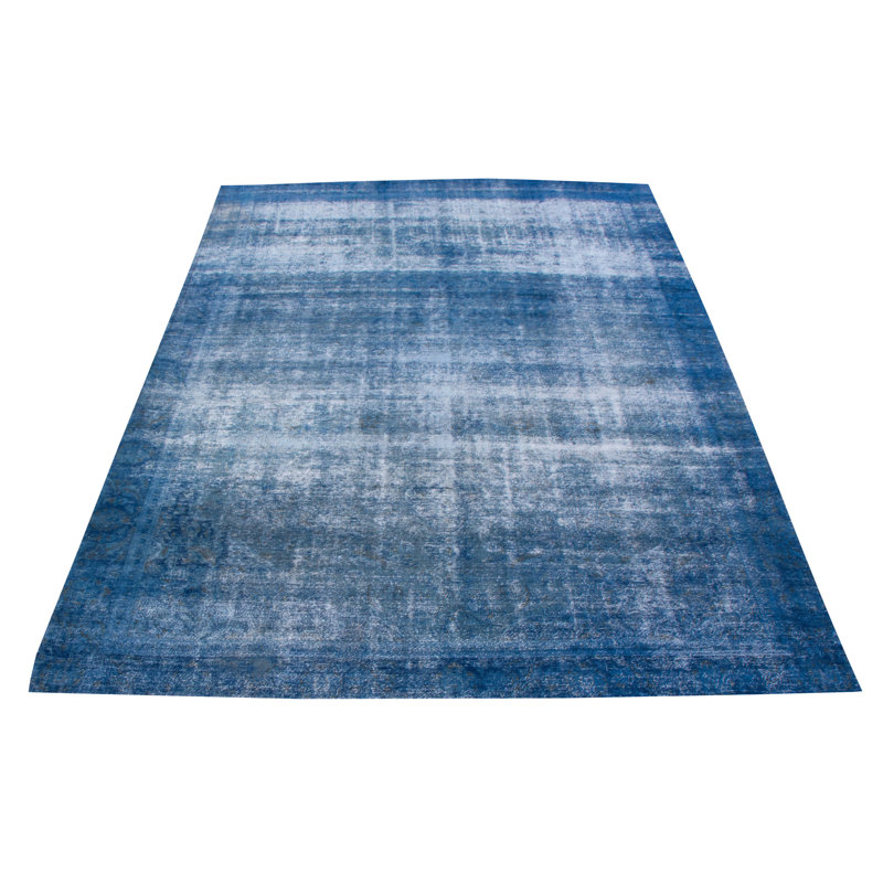 Tapis bleu foncé en laine noué à la main de conception unique 8 pi x 12 pi 7 po New Age
