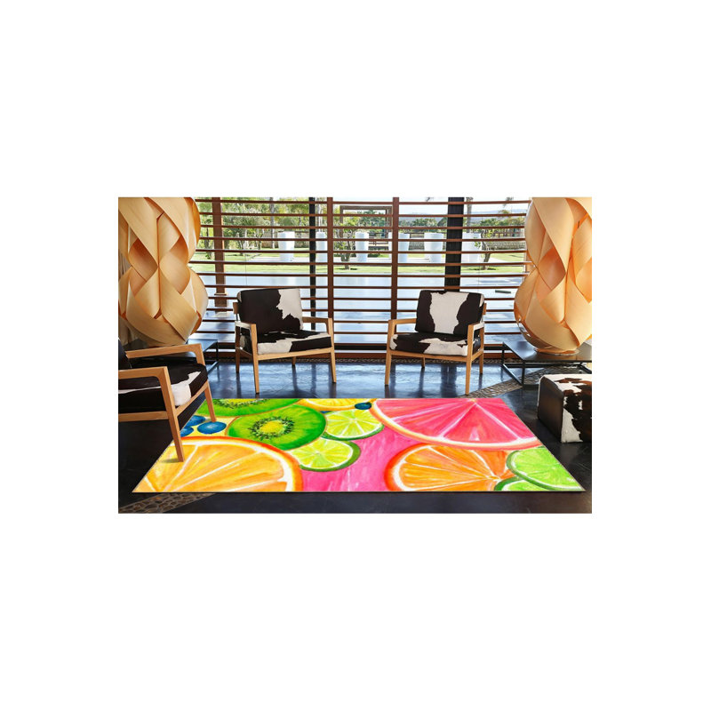 Half Fruit Patterned Multicolor Rug, Round 3'3" Rug Pad Included