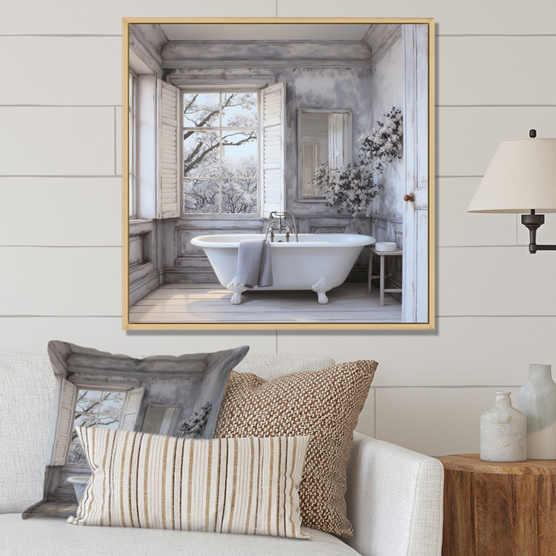 Farmhouse Bathroom Charm II - impressions sur toile blanchisserie, H 36 po x l 36 po, Reproduction avec cadre flottant
