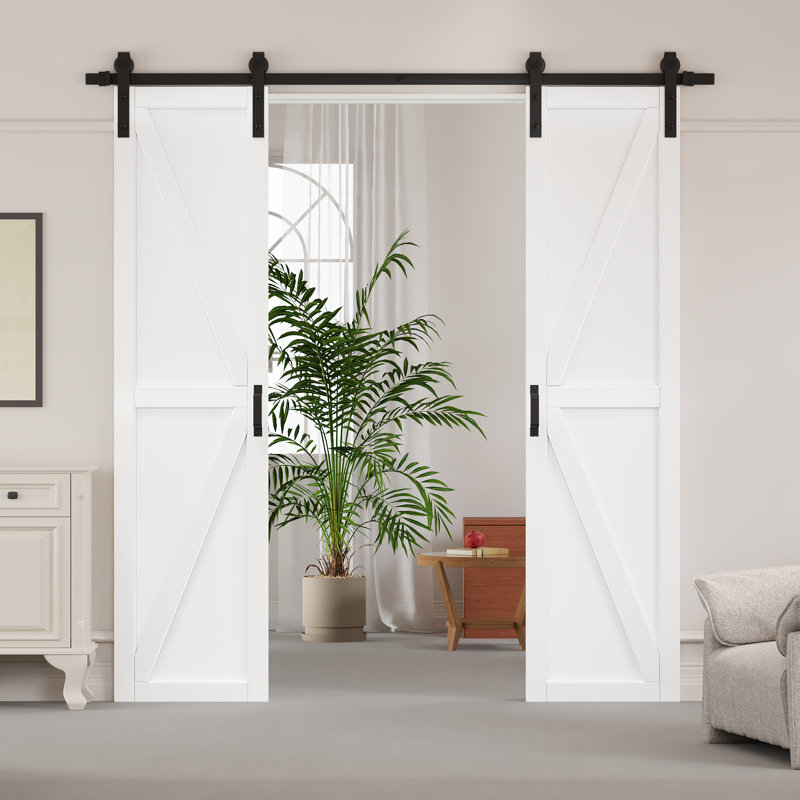 Porte de grange double pré-finie en bois massif et manufacturé avec trousse de quincaillerie d'installation, 42 po x 84 po