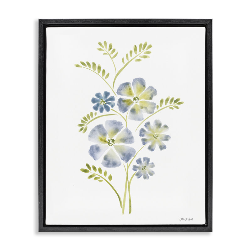 Cadre flottant bleu avec fleur de pervenche, design par Yvette St. Amant, Cadre flottant noir de jais, H 21 po x l 17 po