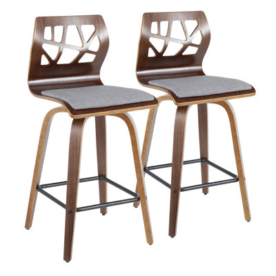 Ensemble de 2 tabourets de comptoir 26 po Mid-Century à hauteur fixe avec pivot en bois de noyer, tissu gris clair et repose-pieds en métal