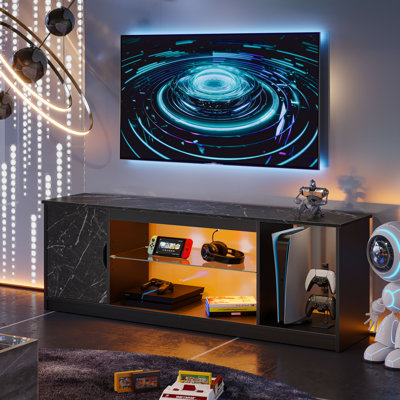 58" Media Console, LED TV Stand for 65 Inch TV, Gaming Entertainment Centre for PS5 with Glass Shelf