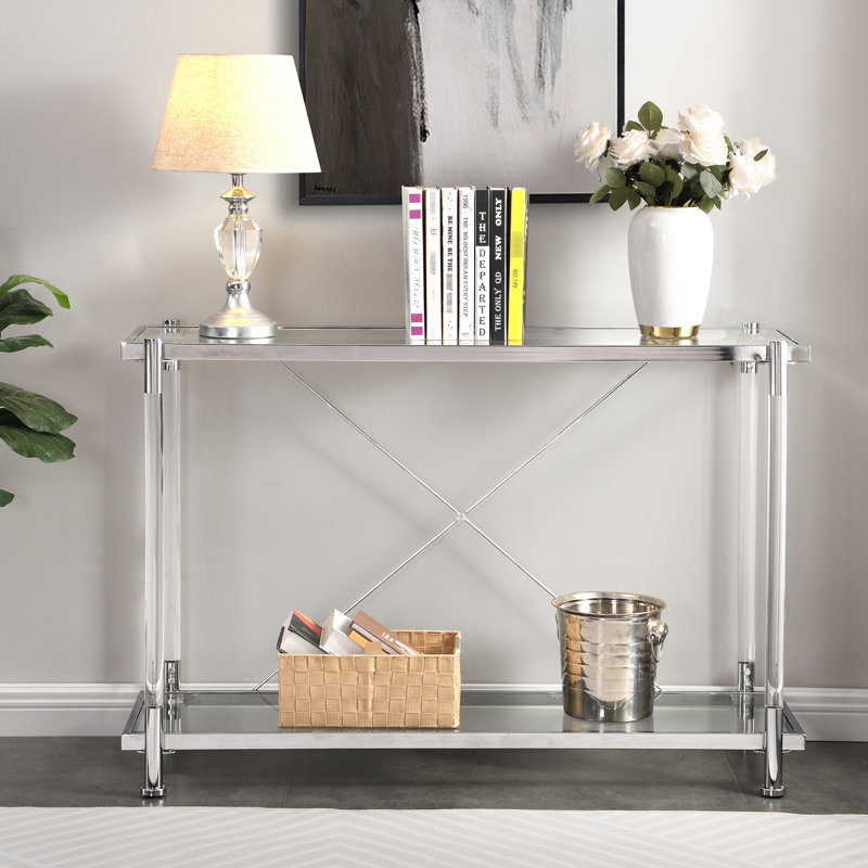 Table d'appoint en acrylique de 112 cm (44,04 po) avec structure en métal et 2 tablettes en verre, idéale pour le salon et la chambre. Pieds en verre.