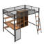 Lit mezzanine double en métal avec bureau intégré, garde-robe et tablettes, noir