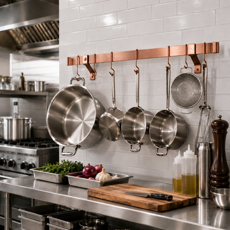 Rolled End Bar Handcrafted Wall Bracket Pot Rack, 6.25" H x 48" W x 4.75" D, Brushed Copper