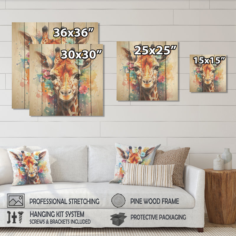 Portrait de girafe à fleurs colorées - girafe sur bois, H 15 po x l 15 po