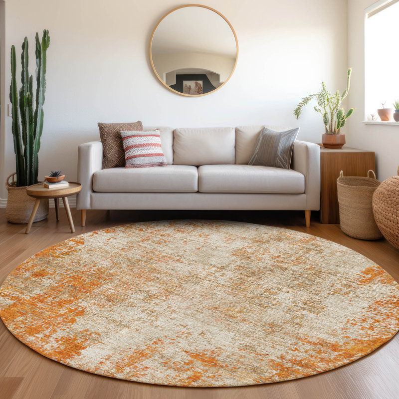 Premium Machine Washable Prisco Orange Rug, Round 8'