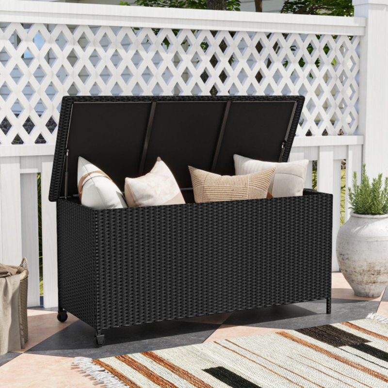 Black Wicker 85 Gallon Outdoor Deck Box with Wheels