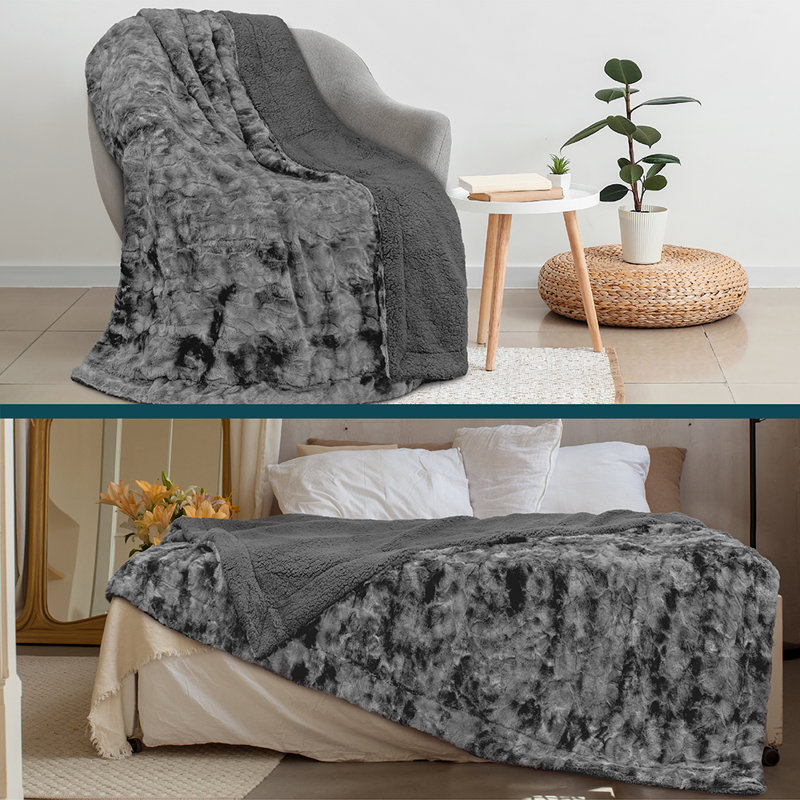 Jeté en fausse fourrure Tie-Dye, couverture à poils longs réversible pour canapé, Grand, Gris