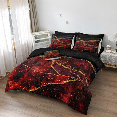 Gold Comforter Set 8 Pcs Red Marble Bedding Set King Size Bed in A Bag Red and Black Marble Stone Texture Abstract Room Decor