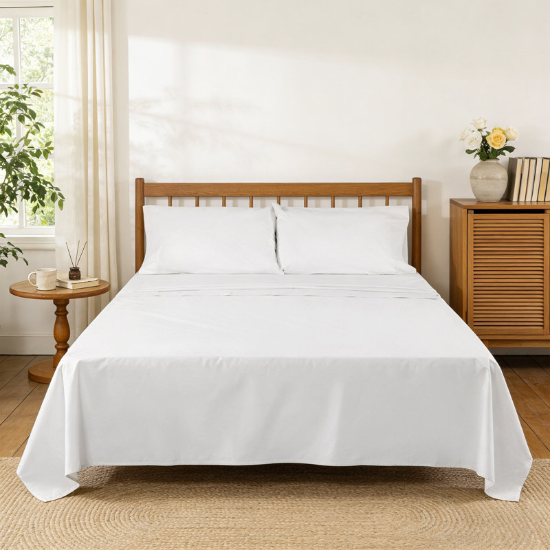 Ensemble de draps 100% coton 250 TC Percale, Ensemble de draps pour très grand lit avec 2 taie, Blanc