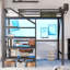 Lit mezzanine double avec bureau pliable et station de charge, lit mezzanine double en métal avec bande lumineuse et rangement pour escalier