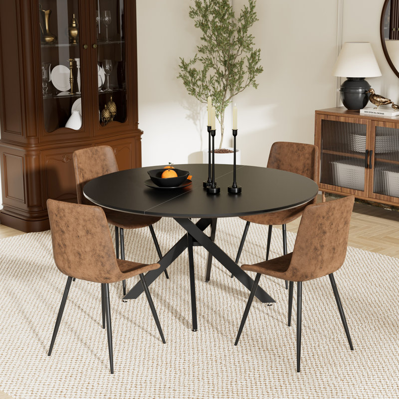 47.2'' Round Dining Table Set with Suede Chairs, Black, 5
