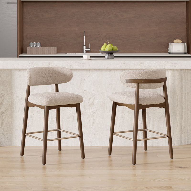 Tabouret de bar moderne à hauteur de comptoir avec dossier, non pivotant, pieds en bois d'hévéa massif et repose-pieds en métal bronze
