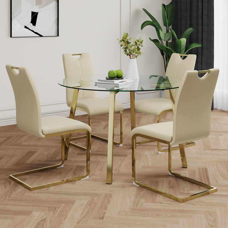 Table ronde en verre de style moderne, 5 pièces: table, 4 chaises, Jaune clair