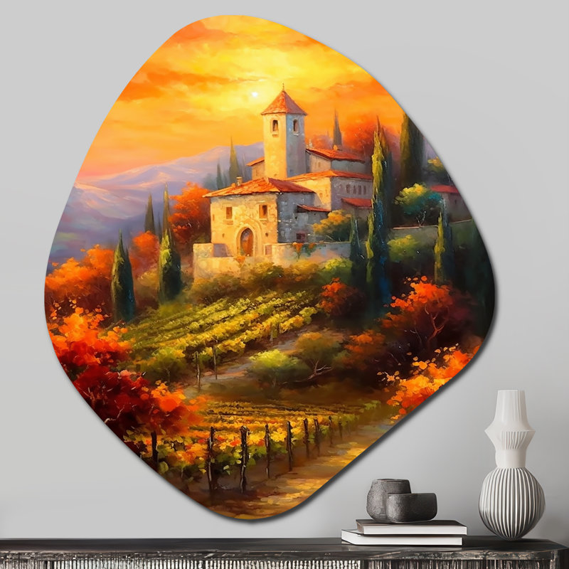 Magnifique château coucher de soleil dans un vignoble italien - art mural asymétrique en forme de nébuleuse des châteaux